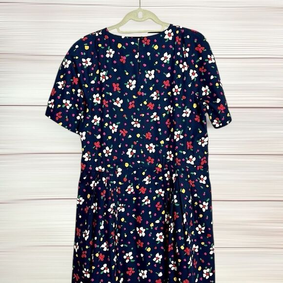 Talbots Vintage Retro Blue Floral Midi Dress Short Sleeves Pockets Size 10 - Picture 3 of 13